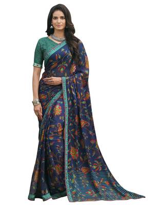 Navy blue printed chiffon saree with blouse 1