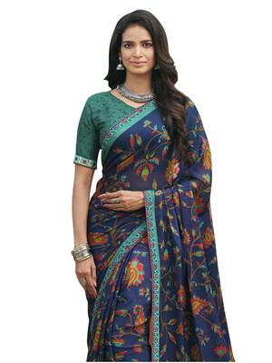 Navy blue printed chiffon saree with blouse 2