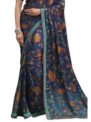 Navy blue printed chiffon saree with blouse 3