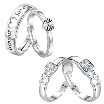 Silver Shine Designer Adjustable Couple Rings Set for lovers Silver Plated Solitaire for Men and Women 2 Pairs 2