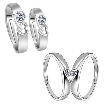 Silver Shine Adjustable Party Wear Couple Rings Set for lovers Silver Plated Solitaire for Men and Women 2 Pair 2