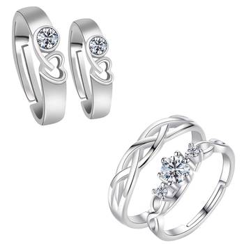 Silver Shine Adjustable Couple Rings Set for lovers Silver Plated Party Wear Solitaire for Men and Women 2 Pair 2