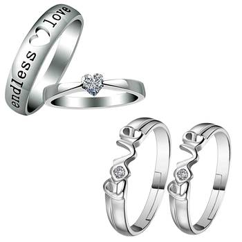 Silver Shine Silver Plated Adjustable Couple Rings Set for lovers Solitaire for Men and Women 2 Pair 2