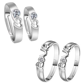 Silver Shine Stylish Adjustable Couple Rings Set for lovers Silver Plated Solitaire for Men and Women 2 Pair 2