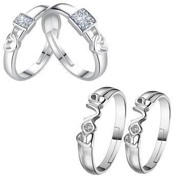 Silver Shine Adjustable Party Wear Couple Rings Set for lovers Silver Plated Solitaire for Men and Women 2 Pair 2