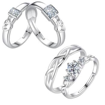 Silver Shine Adjustable Couple Rings Set for lovers Silver Plated Party Wear Stylish Solitaire for Men and Women 2 Pair 2