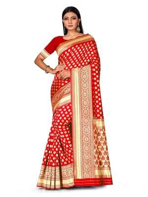 Mehrang Red woven silk saree with blouse 1