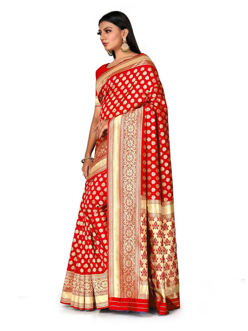 Mehrang Red woven silk saree with blouse