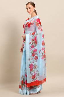 Sky Blue Printed Linen Saree With Blouse