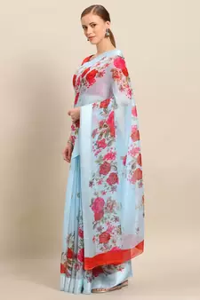 Sky Blue Printed Linen Saree With Blouse