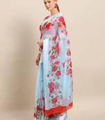 Sky Blue Printed Linen Saree With Blouse