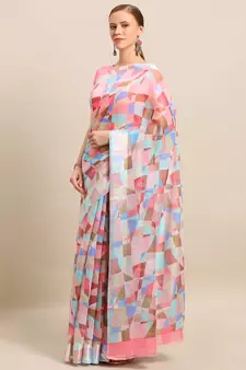 Multicolor printed linen saree with blouse