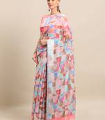 Multicolor printed linen saree with blouse