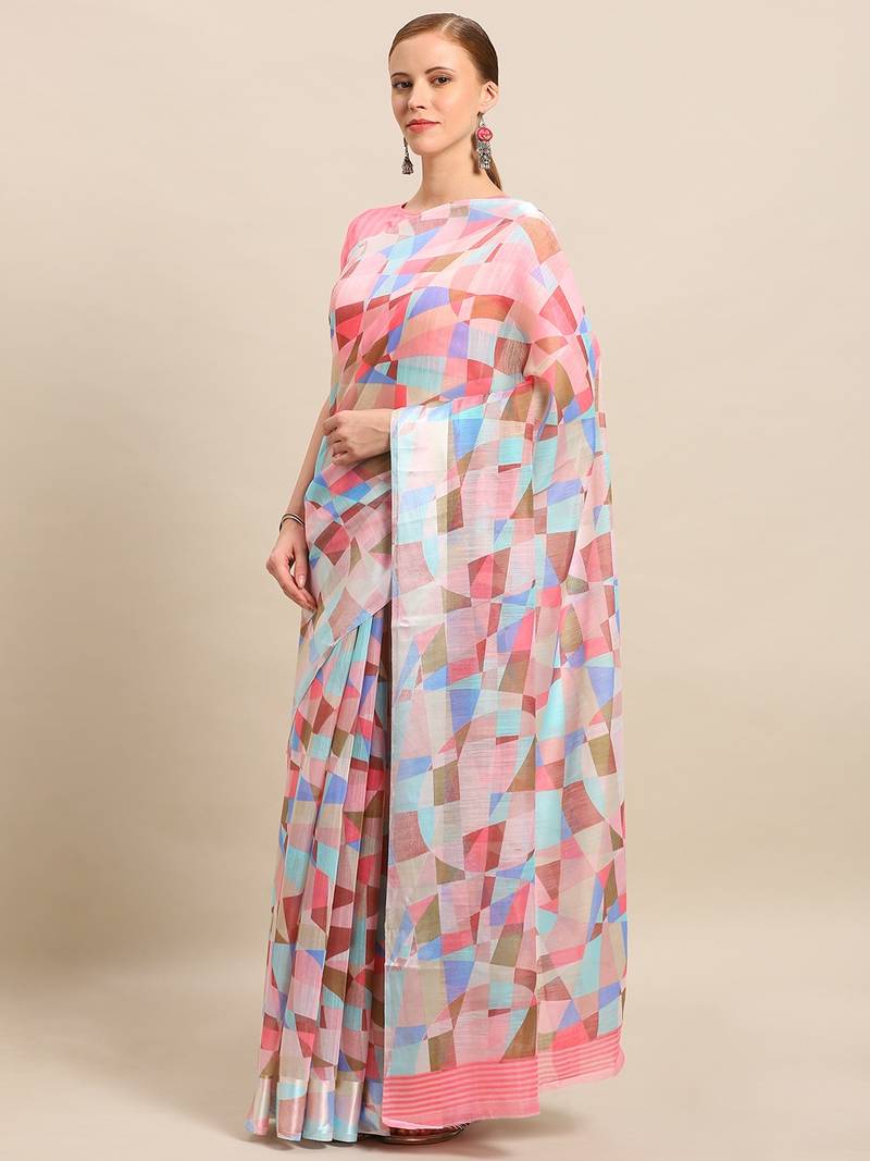 Multicolor printed linen saree with blouse