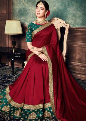Dark maroon embroidered georgette saree with blouse 2