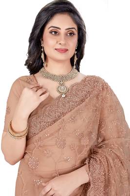 Sky blue embroidered net saree with blouse 4