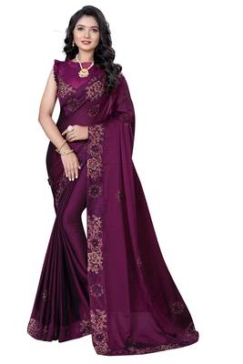Purple embroidered silk saree with blouse 1