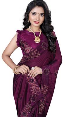 Purple embroidered silk saree with blouse 3