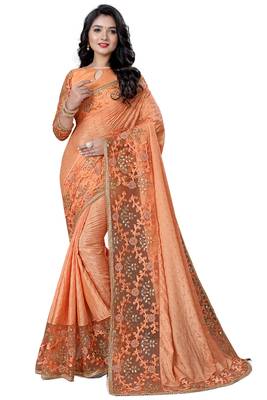 Peach embroidered silk saree with blouse 1