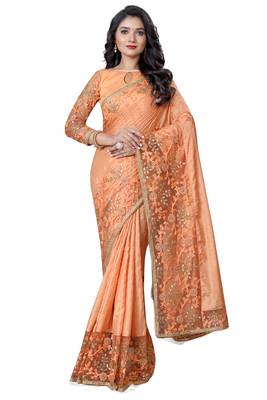 Peach embroidered silk saree with blouse 2