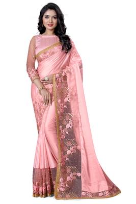 Pink embroidered satin saree with blouse 1
