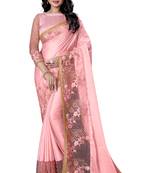 Pink embroidered satin saree with blouse