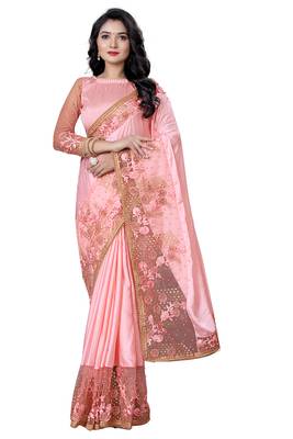 Pink embroidered satin saree with blouse 2