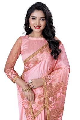 Pink embroidered satin saree with blouse 3