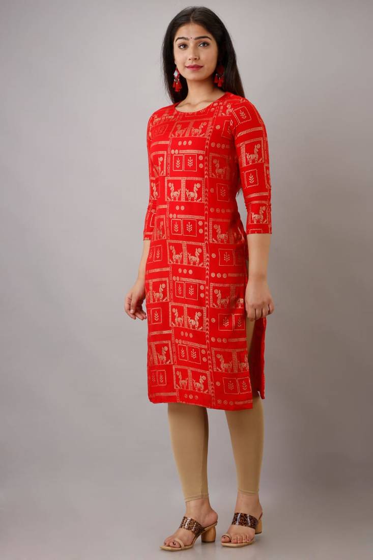 UseCart Rayon gold printed kurta & kurti red