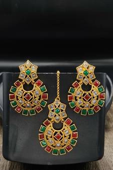 Multicolour Stone Studded Maang Tikka with Earring Set