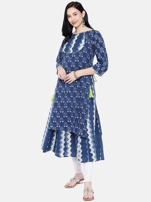 Blue printed cotton long-kurtis 1