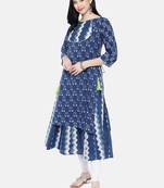 Blue printed cotton long-kurtis
