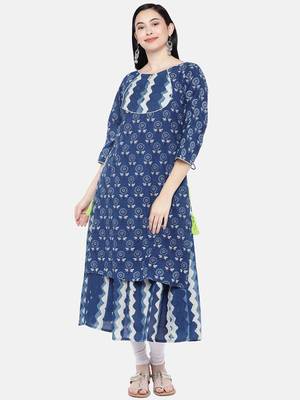 Blue printed cotton long-kurtis 3
