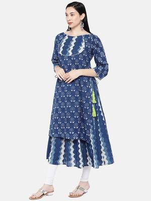 Blue printed cotton long-kurtis 4