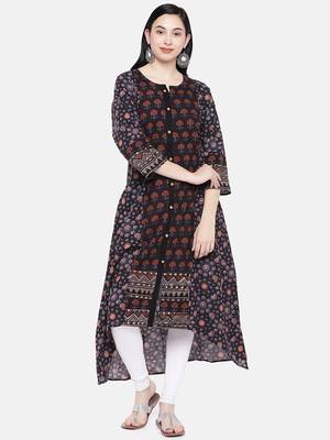 Black printed cotton long-kurtis 1
