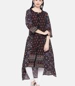 Black printed cotton long-kurtis