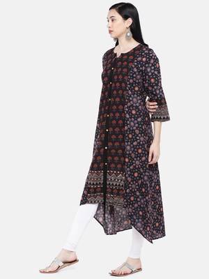 Black printed cotton long-kurtis 3