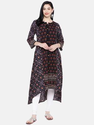 Black printed cotton long-kurtis 4