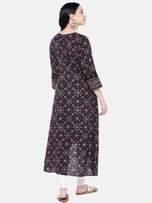 Black printed cotton long-kurtis 5