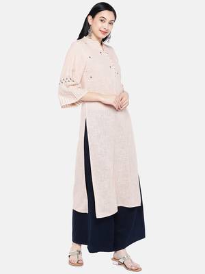 Peach printed cotton long-kurtis 4