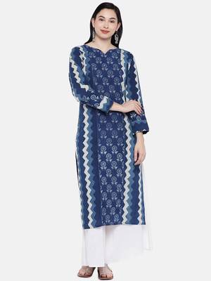 Blue printed cotton long-kurtis 1