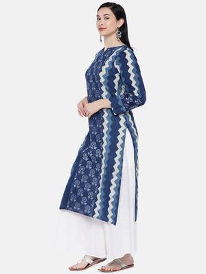 Blue printed cotton long-kurtis 3