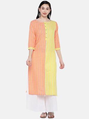 Orange printed cotton long-kurtis 1