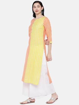 Orange printed cotton long-kurtis 3