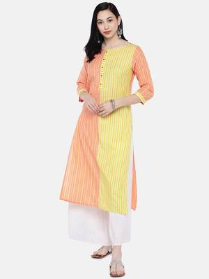 Orange printed cotton long-kurtis 4