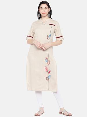 Beige printed cotton long-kurtis 3