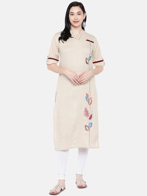 Beige printed cotton long-kurtis 1