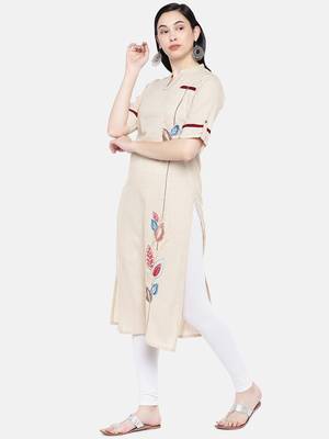 Beige printed cotton long-kurtis 4