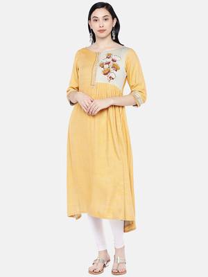 Orange printed rayon long-kurtis 1