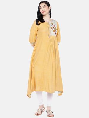 Orange printed rayon long-kurtis 4